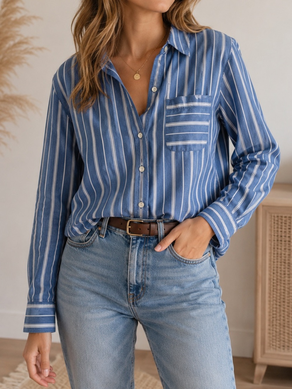 J.Jill Blue & White Striped Button-Up Shirt – Medium Petite – 100% Cotton